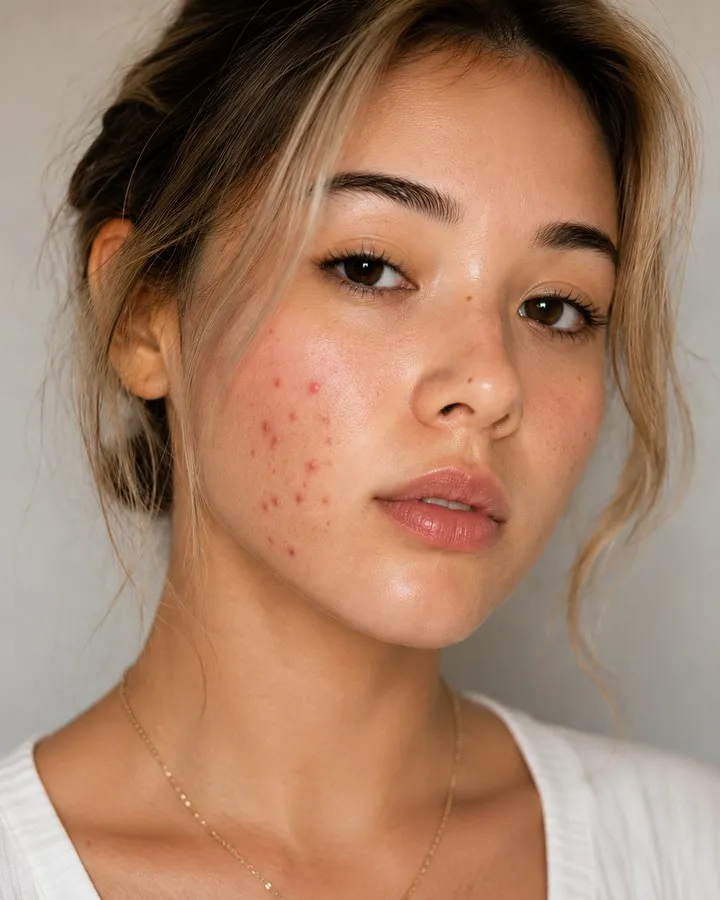 Rosto de mulher com marcas escuras deixadas pela acne